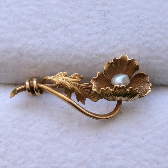 Antique Victorian 14K Yellow Gold White Seed Pearl Flower C...
